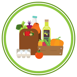 Graphic of grocery items like fruits, vegetables, and eggs.