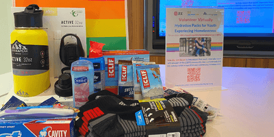 Sample of a "Hydration Kit" that went to youth shelters to support LGBTQ+ youth experiencing homelessness.