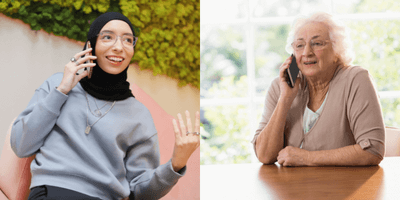 A young woman and elderly woman speaking to each other over the phone and forming a connection.